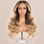 The Amber glueless 5x5 HD closure wig on a stand, showing the HD lace parting