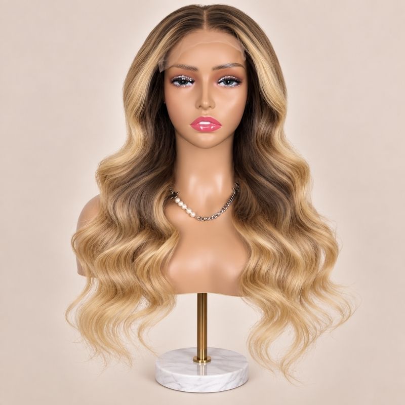 The Amber glueless 5x5 HD closure wig on a stand, showing the HD lace parting