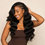 Natural black body wave feather crochet human hair pack laid flat