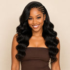 Close-up of the feathered body wave texture on crochet human hair