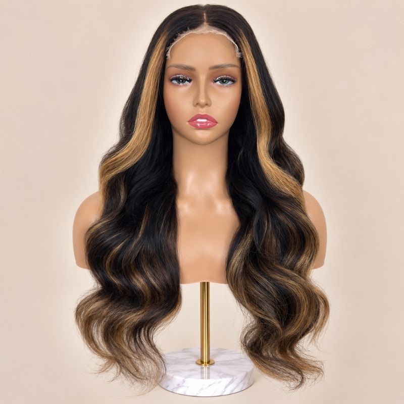 The Crème glueless 5x5 HD closure wig on a stand, showing the HD lace parting