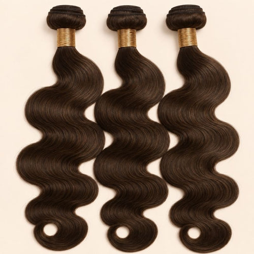 Three #2 chocolate brown body wave human hair bundles standing side by side