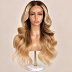 The Baklava glueless 5x5 HD closure wig on a stand, showing the HD lace parting