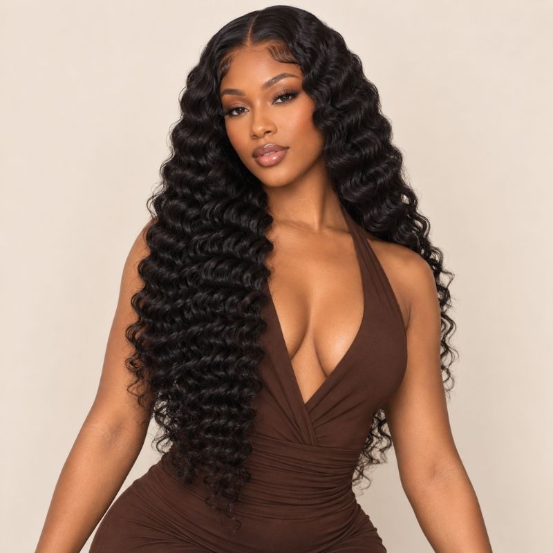 Model wearing a deep wave sew-in made from the three bundle deal