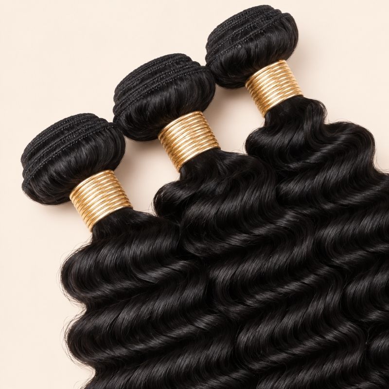 Three deep wave bundles angled to show the machine-sewn wefts
