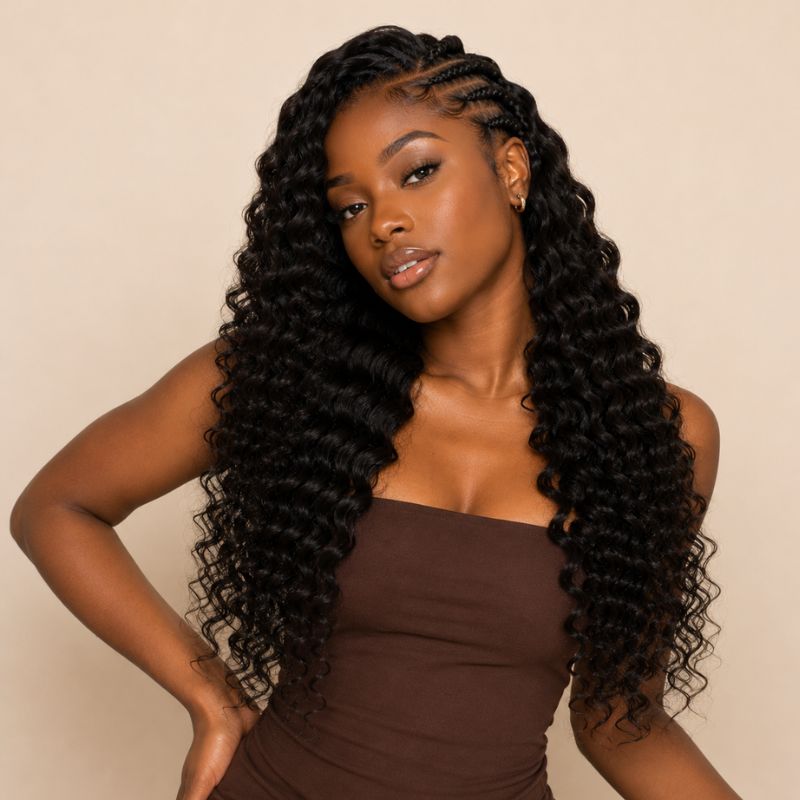 Natural black deep wave feather crochet human hair pack laid flat