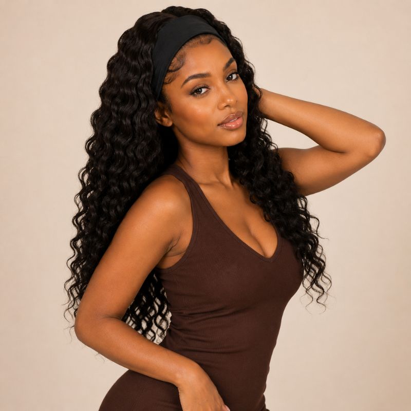 Model wearing a natural black deep wave human hair headband wig, front view
