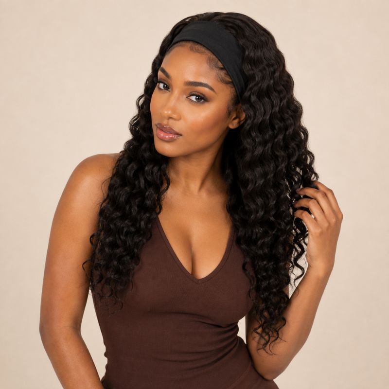 Back view of a deep wave human hair headband wig showing defined curls
