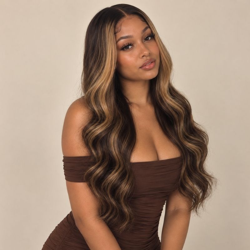 Model wearing the Hazelnut glueless 5x5 HD closure wig in warm brunette