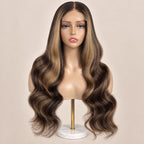 The Hazelnut glueless 5x5 HD closure wig on a stand, showing the HD lace parting