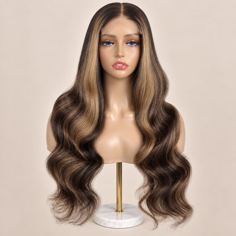 The Hazelnut glueless 5x5 HD closure wig on a stand, showing the HD lace parting