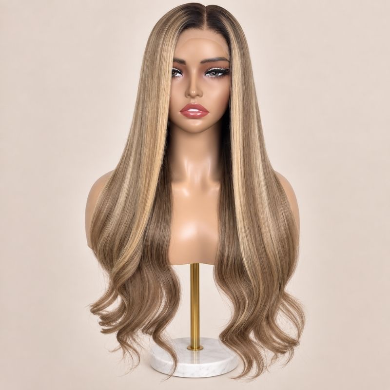 The Sunbeam glueless 5x5 HD closure wig on a stand, showing the HD lace parting