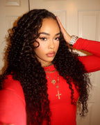 Model with a middle part Brazilian deep wave install styled long