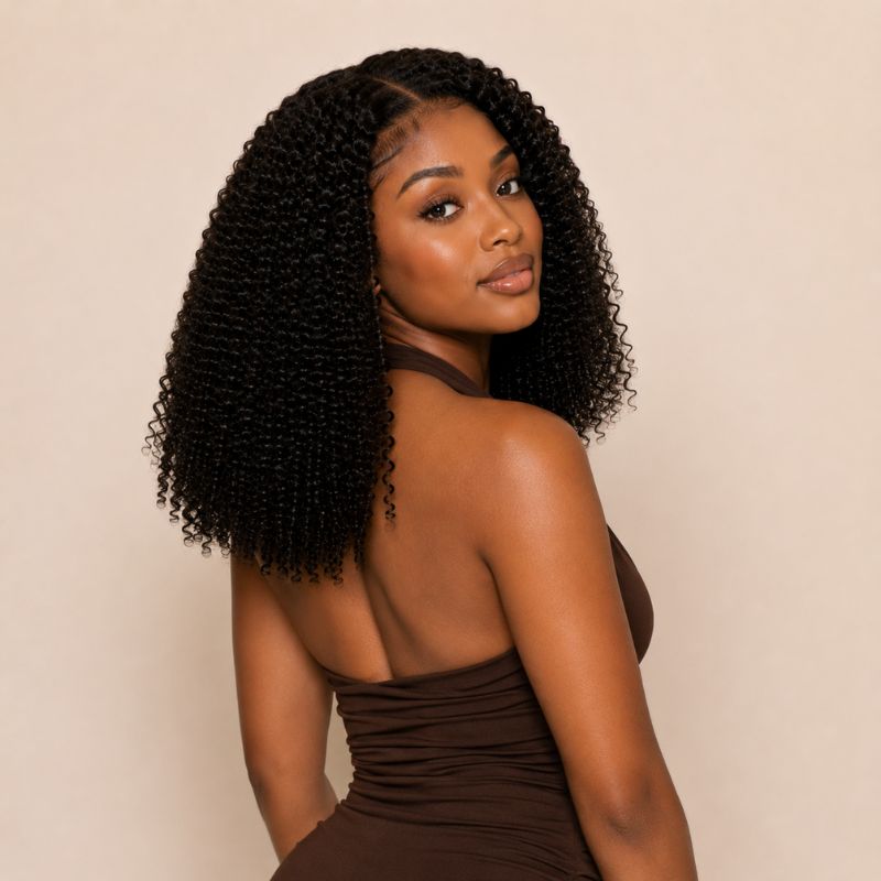 Close-up of the tight jerry curl pattern on virgin human hair