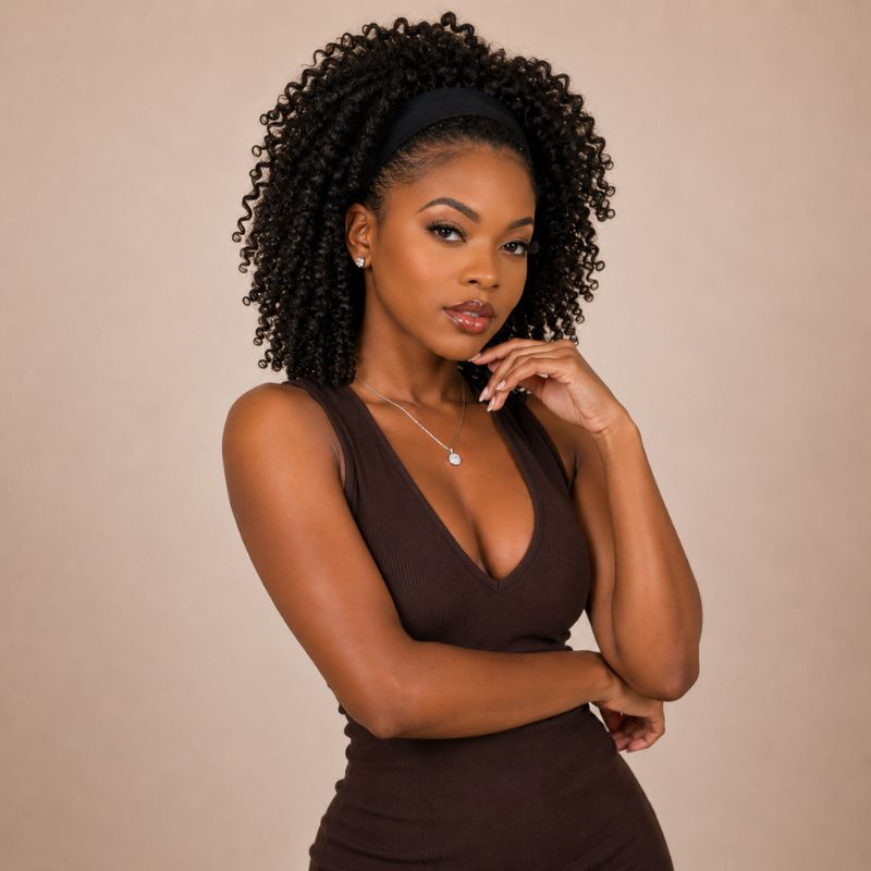 Back view of a jerry curl human hair headband wig showing tight curls
