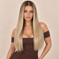 Model wearing the Jezebel glueless 5x5 HD closure wig in rooted blonde with face frame