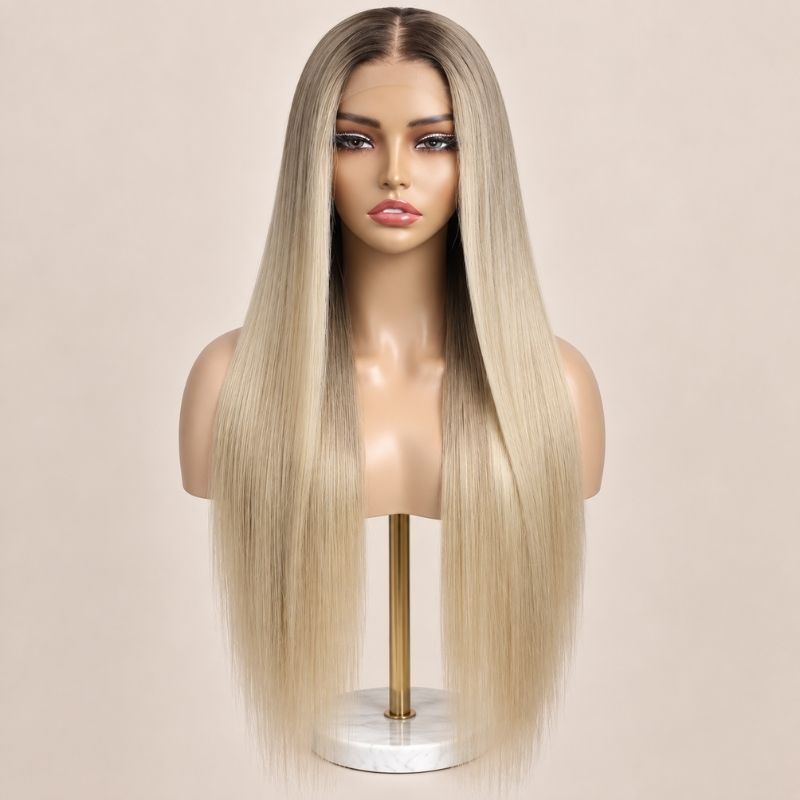 The Jezebel glueless 5x5 HD closure wig on a stand, showing the HD lace parting