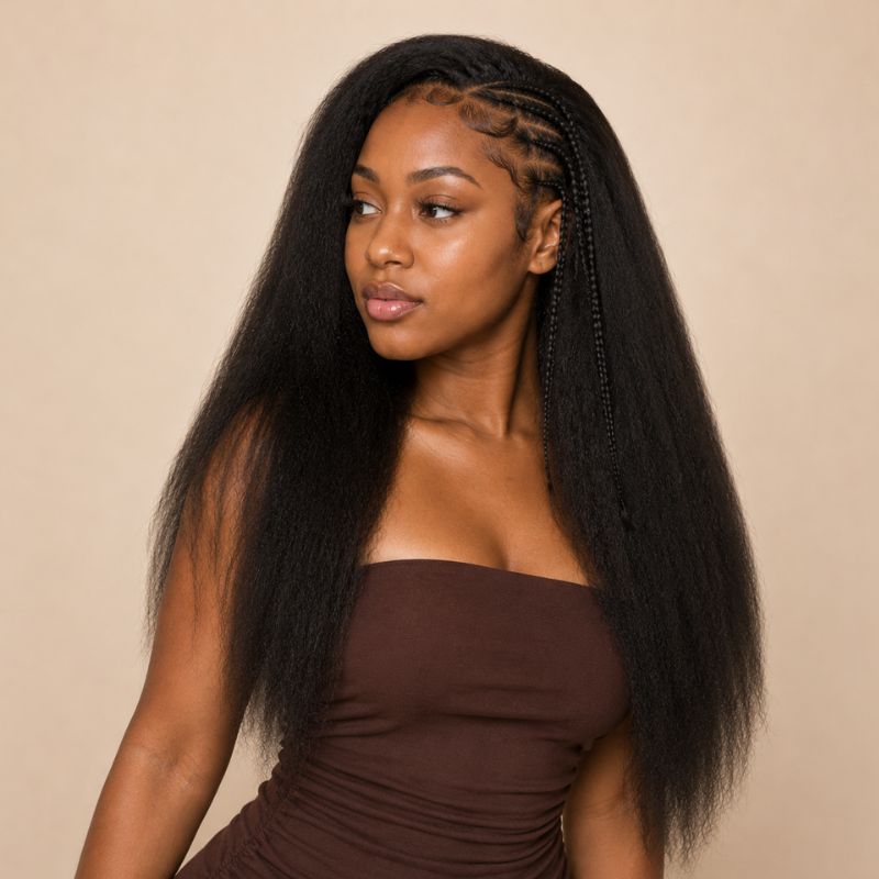 Close-up of the feathered kinky straight texture on crochet human hair