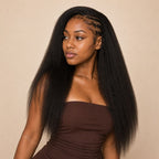 Close-up of the feathered kinky straight texture on crochet human hair