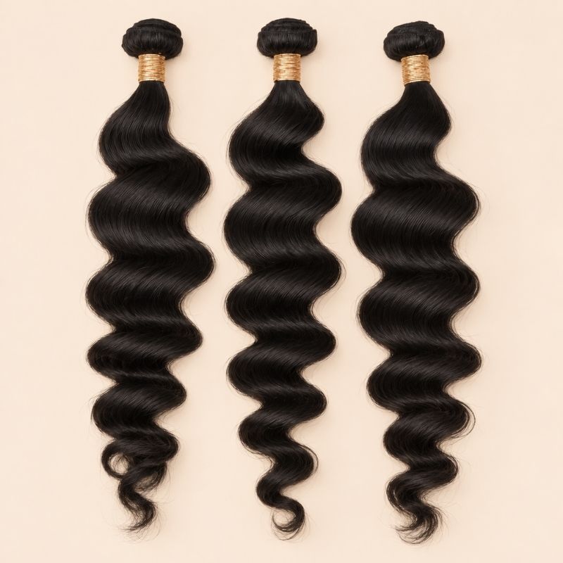 Three loose wave human hair bundles standing side by side