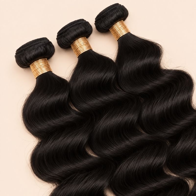 Three loose wave bundles angled to show the machine-sewn wefts