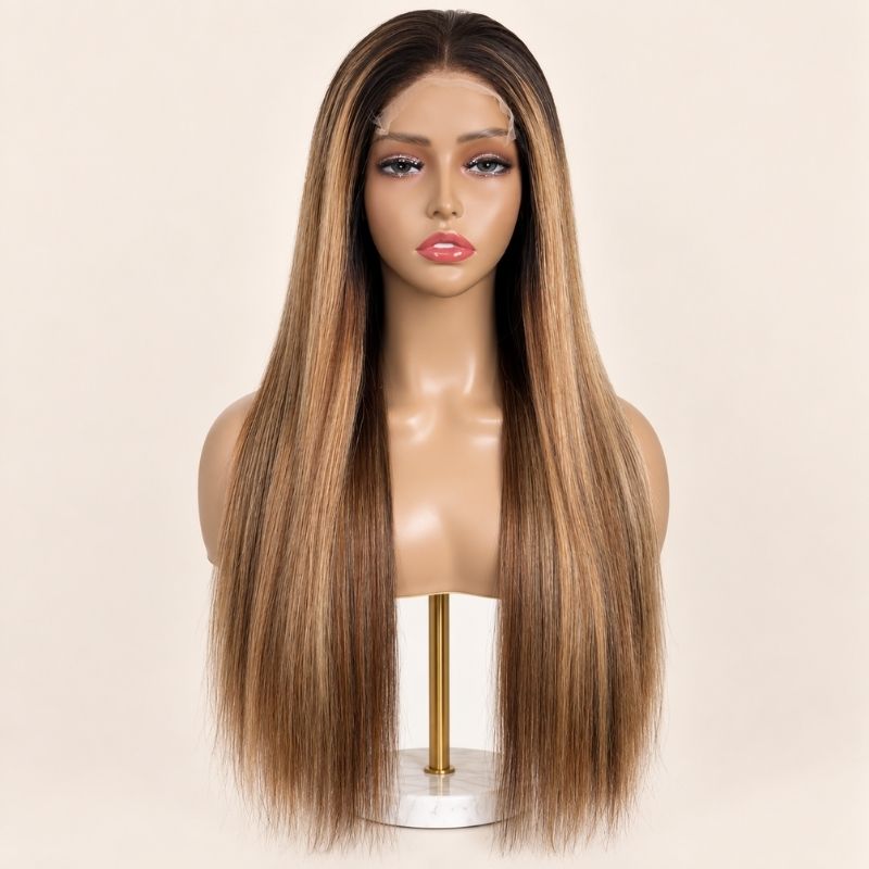 The Tiramisu glueless 5x5 HD closure wig on a stand, showing the HD lace parting