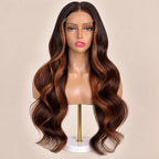 The Nutmeg glueless 5x5 HD closure wig on a stand, showing the HD lace parting