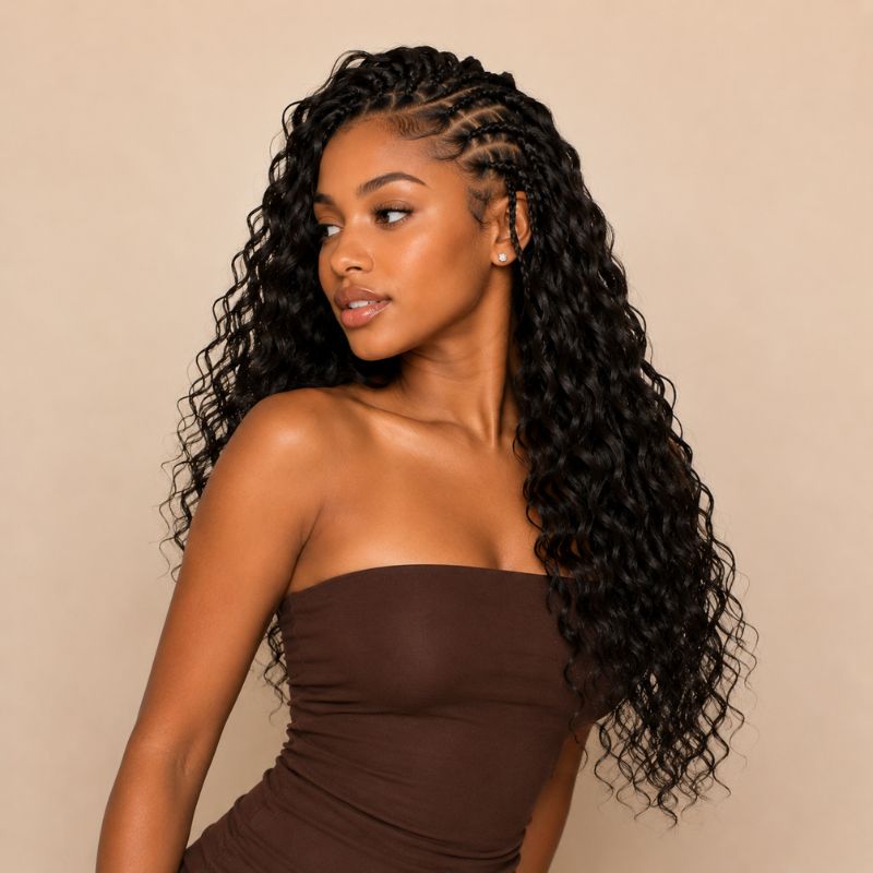Close-up of the feathered ocean wave texture on crochet human hair