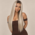 Model wearing the Frost glueless 5x5 HD closure wig in platinum ash blonde