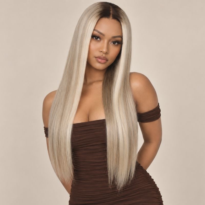 Model wearing the Frost glueless 5x5 HD closure wig in platinum ash blonde