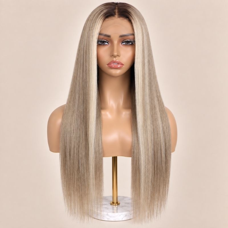 The Frost glueless 5x5 HD closure wig on a stand, showing the HD lace parting