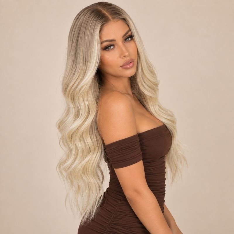 Model wearing the Sunfade glueless 5x5 HD closure wig, shown from another angle