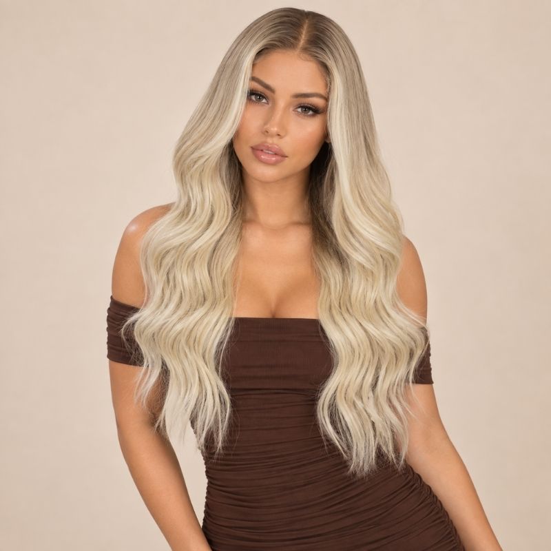 Model wearing the Sunfade glueless 5x5 HD closure wig in rooted blonde ombré