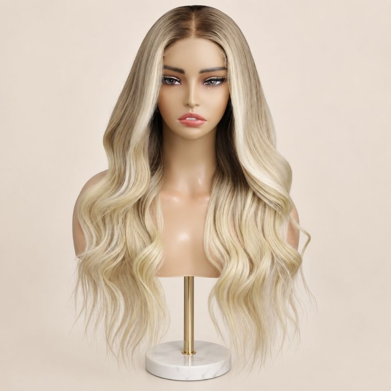 The Sunfade glueless 5x5 HD closure wig on a stand, showing the HD lace parting