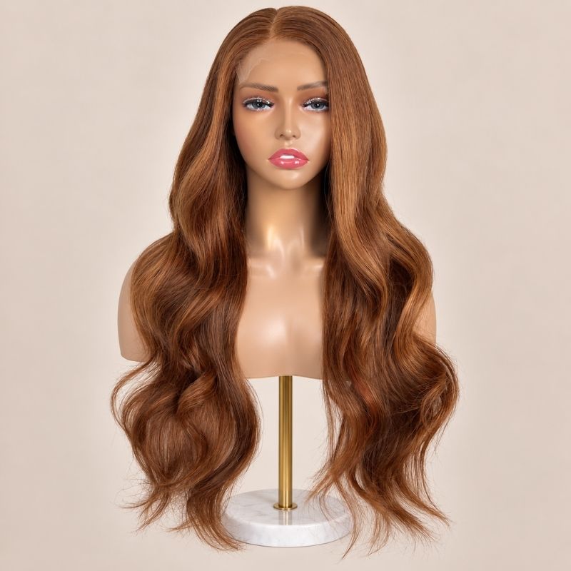The Penny glueless 5x5 HD closure wig on a stand, showing the HD lace parting