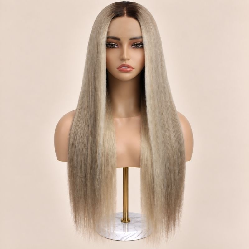 The Vanilla Bean glueless 5x5 HD closure wig on a stand, showing the HD lace parting
