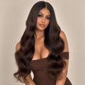 Model wearing the Molasses glueless 5x5 HD closure wig in highlighted black