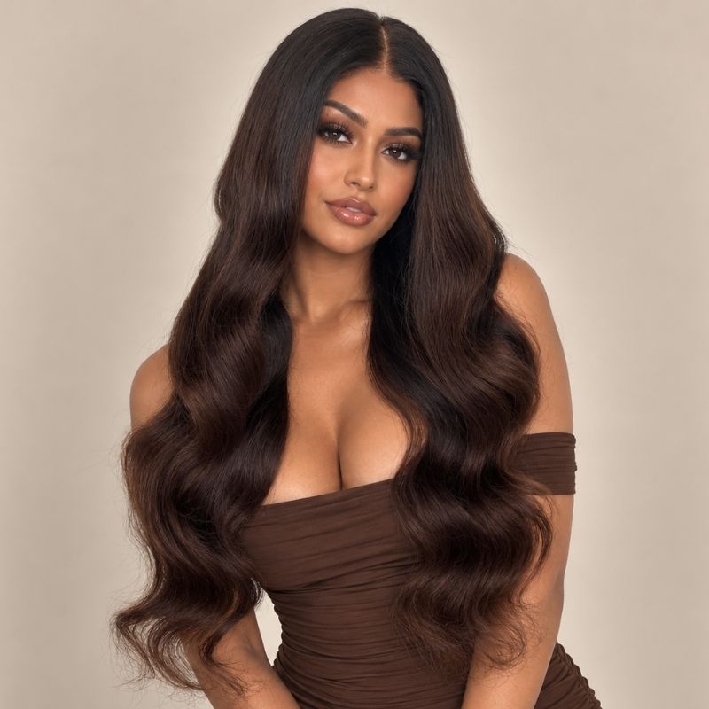 Model wearing the Molasses glueless 5x5 HD closure wig in highlighted black