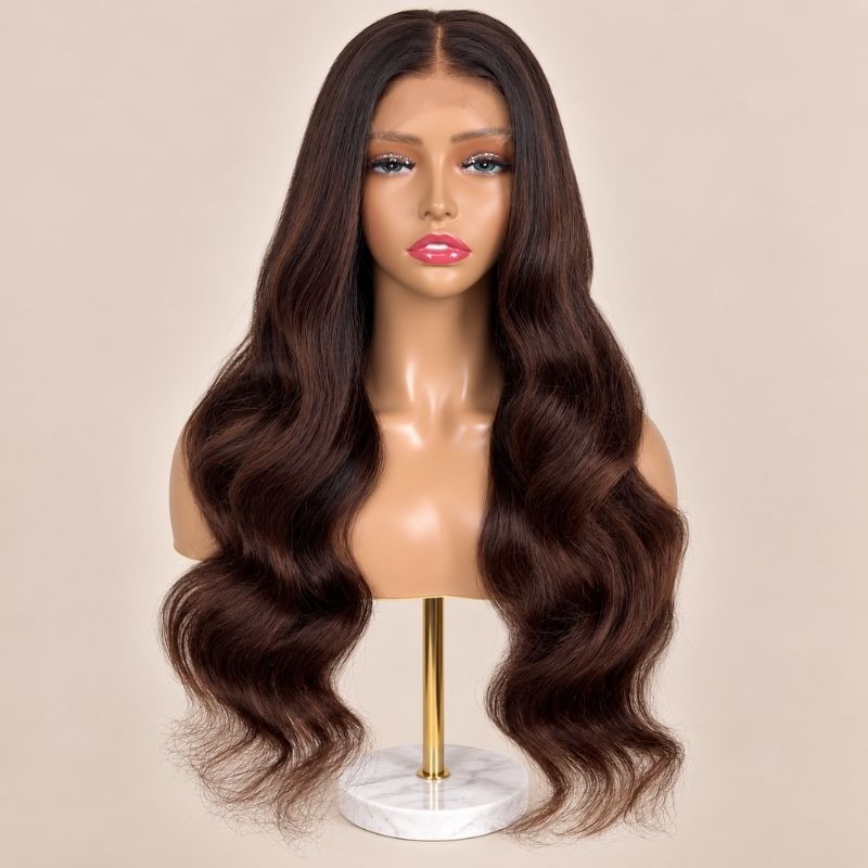 Model wearing the Molasses glueless 5x5 HD closure wig, shown from another angle