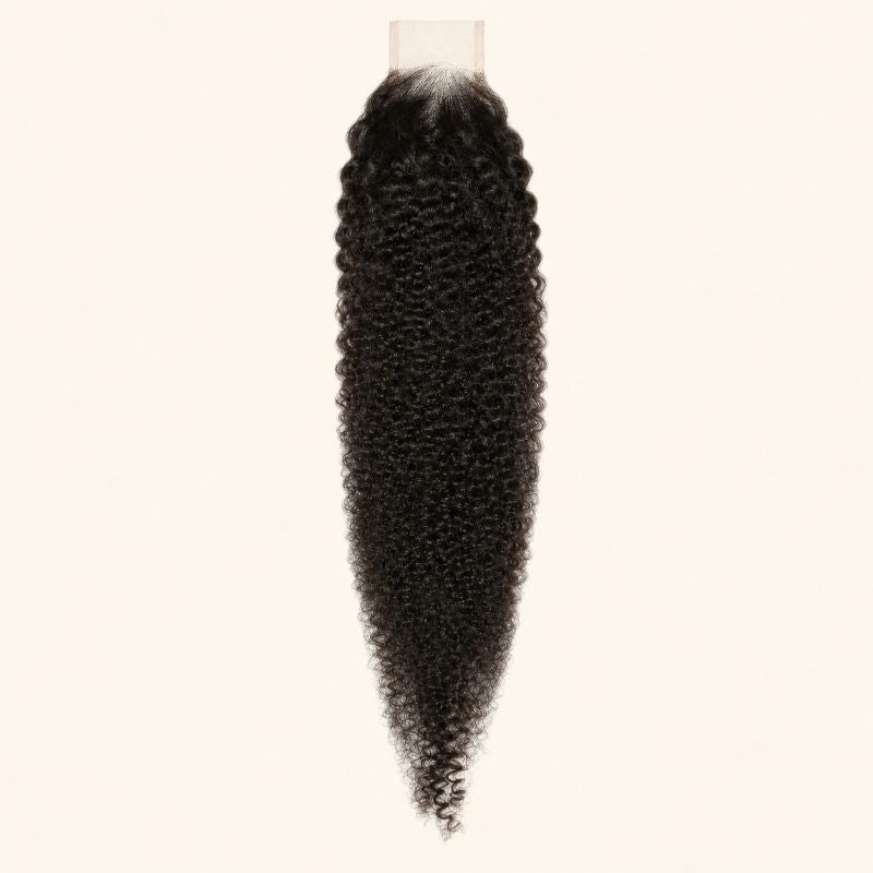 Afro kinky curly 2x6 HD lace closure in natural black, laid flat showing the full hair length