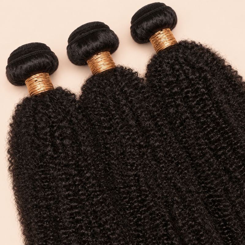 Three Afro kinky curly bundles angled to show the machine-sewn wefts