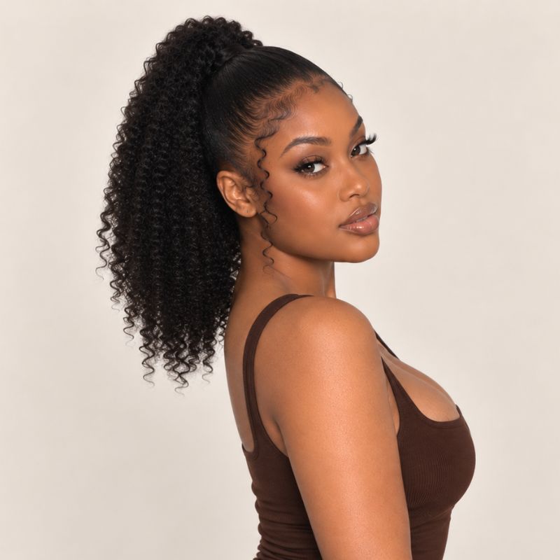 Model wearing a Afro kinky curly ponytail extension, shown from another angle