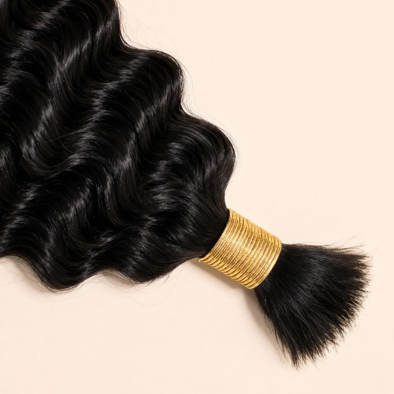 Bundles of natural black beach wave bulk human braiding hair banded together