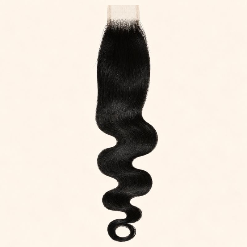 Body wave 2x6 HD lace closure in jet black, laid flat showing the full hair length
