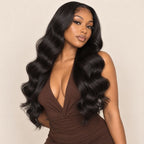 Model wearing a body wave sew-in made from the three bundle deal