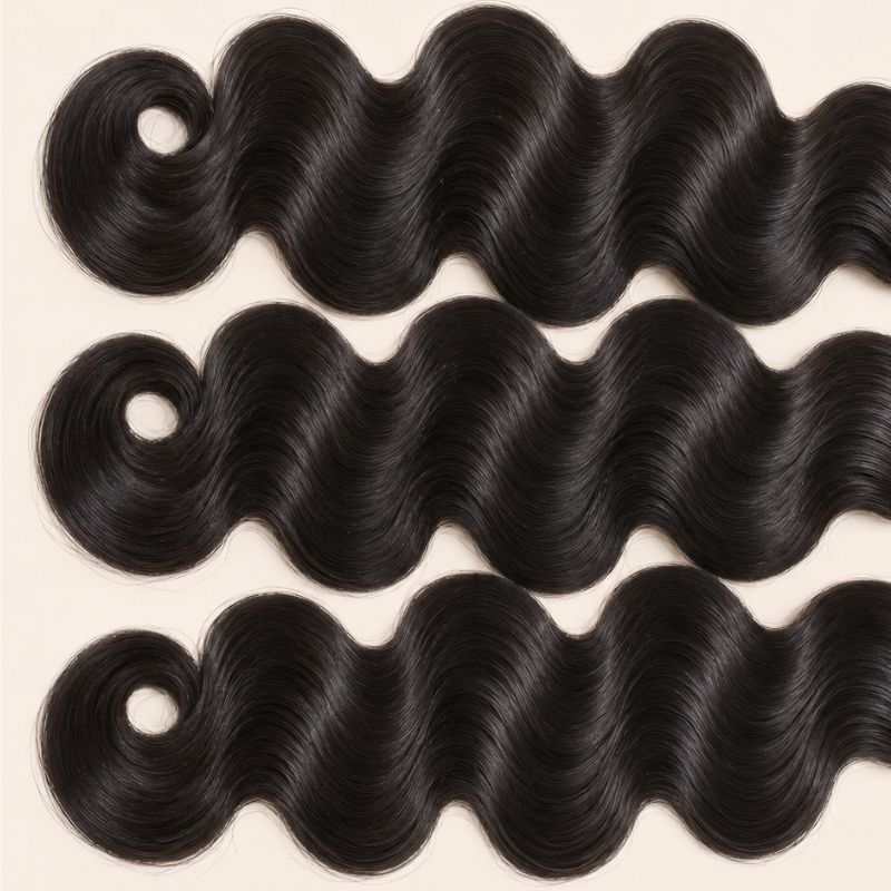 Three body wave wefts laid flat, showing the staggered lengths