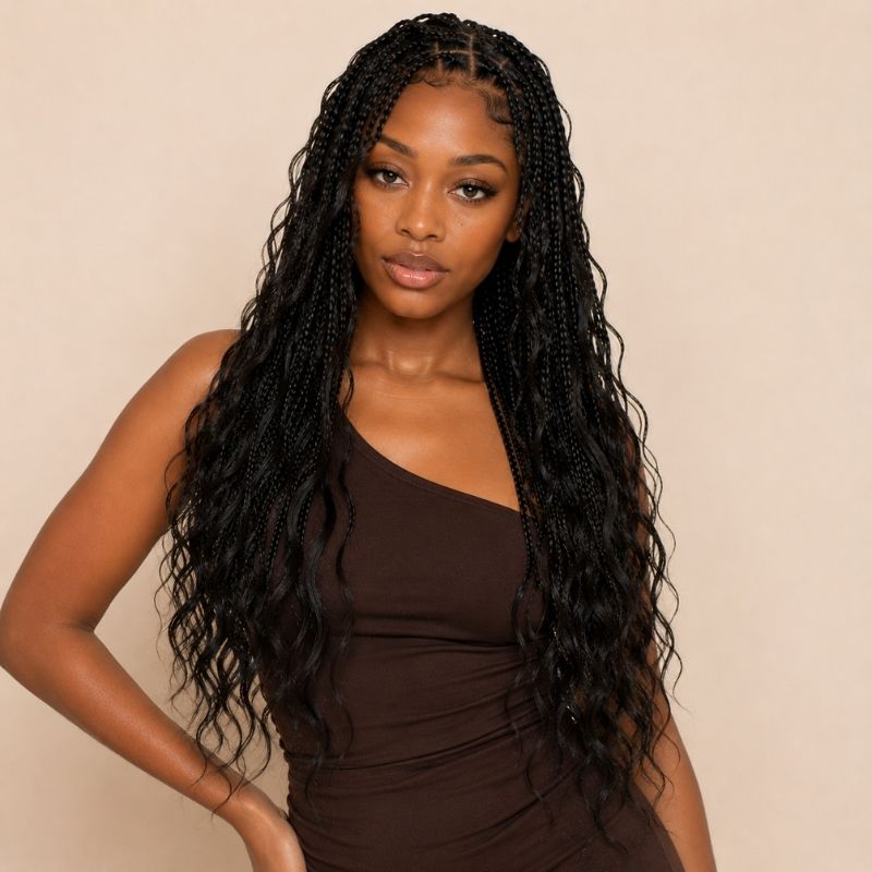 Full length of natural black body wave human braiding hair styled on model