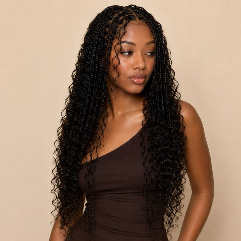 Full length of natural black burmese curly human braiding hair styled on model