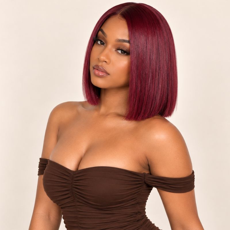 Model wearing a cherry red bob lace front wig, shown from another angle