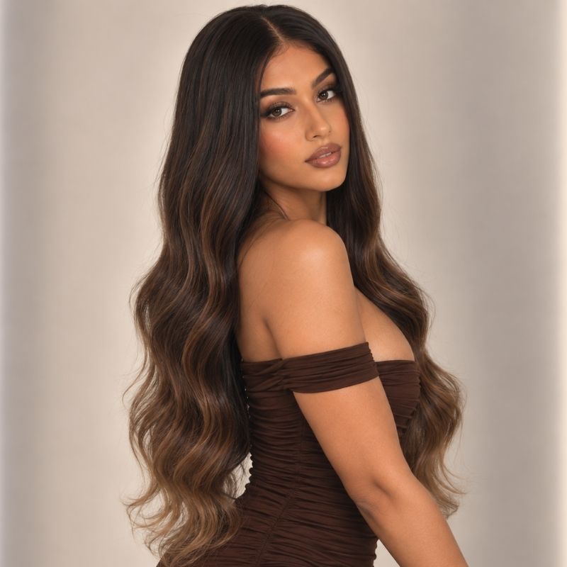 Model wearing the Cocoa glueless 5x5 HD closure wig, shown from another angle